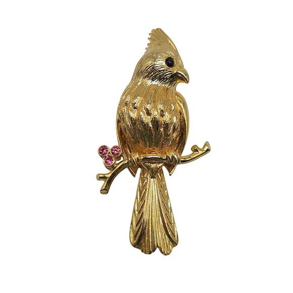 Vintage Gerry's Gold Tone Bird Brooch With Pink Rhinestones Cardinal Design - Picture 1 of 4
